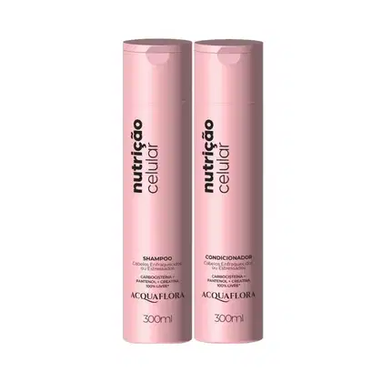 Dois frascos rosados de 300ml da linha Nutricão Celular da Acquaflora, contendo shampoo e condicionador para cabelos enfraquecidos ou estressados, com rótulos em preto e branco.
