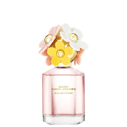 Frasco de perfume Daisy Marc Jacobs Eau So Fresh, com tampa decorada com flores coloridas em tons de rosa, amarelo e branco, em fundo branco.