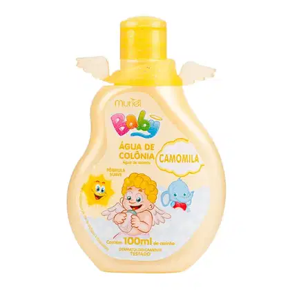 Frasco de água de colônia Muriel Baby com 100ml, com fórmula suave e aroma de camomila. Embalagem amarela com ilustrações de personagens infantis e informações sobre o produto.