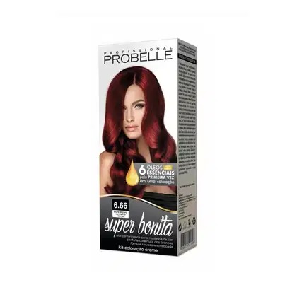 Coloração de cabelo da marca Probelle. Embalagem retangular com imagem de uma modelo de cabelos vermelhos compridos e ondulados. Rótulo com o nome "Super Bonita" na cor 6.66 e informações sobre o produto contendo óleos essenciais.