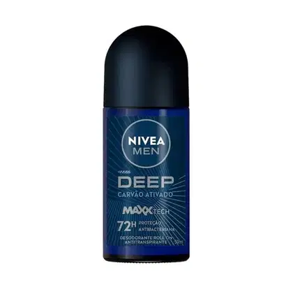 Desodorante roll-on Nivea Men Deep, embalagem azul e preta com rótulo destacando "Maxx Tech" e "72h Proteção Antibacteriana".