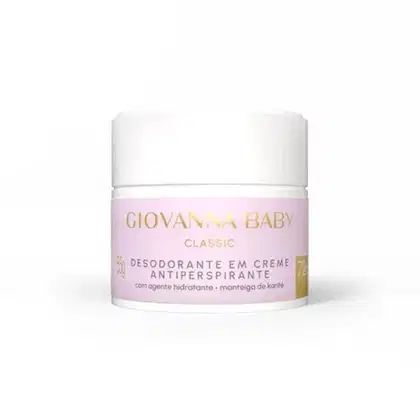 Desodorante em creme antitranspirante da linha Giovanna Baby Classic, com agente hidratante e manteiga de karité, em embalagem branca e rosa com texto dourado.