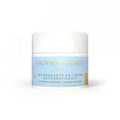 Desodorante em creme antitranspirante da linha Giovanna Baby, na cor azul, com agente hidratante e manteiga de karité em embalagem branca com rótulo dourado.