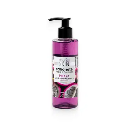 Sabonete facial e corporal Muriel Skin de pitaia com ácido hialurônico, em frasco plástico rosa com bomba dosadora preta, contendo 200ml do produto.