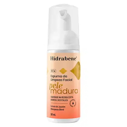 Espuma de limpeza facial Hidrabene Pele Madura, em frasco branco com rótulo laranja e detalhes em amarelo, contendo 50 mL do produto.