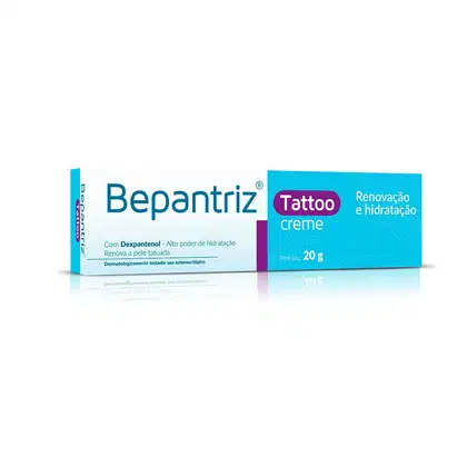 Caixa de creme Bepantriz Tattoo, com 20g de produto, apresentando design em tons de azul e branco, com destaque para o nome da marca e a indicação de "Renovação e hidratação" no rótulo.