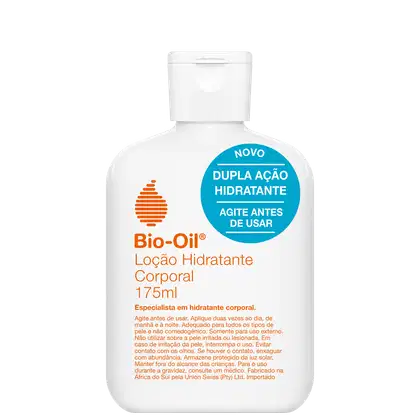 Frasco branco de loção hidratante corporal da marca Bio-Oil, com 175ml de volume. Rótulo com informações sobre a dupla ação hidratante e instruções de uso.