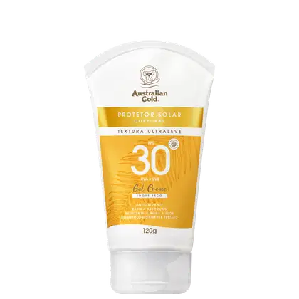 Protetor solar corporal em embalagem de tubo plástico branco com detalhes em amarelo. Gel creme com fator de proteção solar 30, textura ultraleve, resistente à água e suor. Fórmula antioxidante e de rápida absorção.