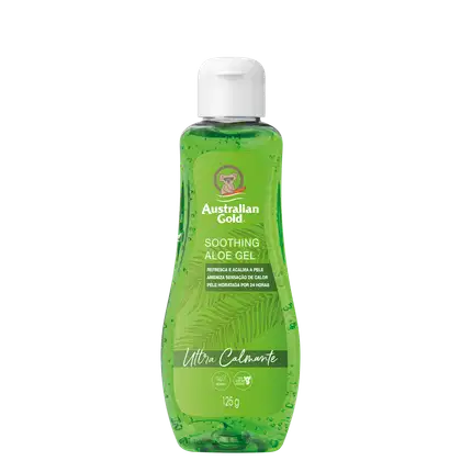 Gel de aloe vera calmante em frasco plástico transparente verde com tampa branca.  "Refresca e acalma a pele", "Ameniza sensação de calor", "Pele hidratada por 24 horas". Imagem de folha de palmeira estilizada.