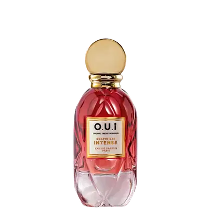 Item de perfumaria em frasco de vidro vermelho com tampa dourada. Rótulo com nome da marca "O.U.I" e texto "Scapin 245 Intense Eau de Parfum Paris". Embalagem com design elegante e sofisticado em cores contrastantes.