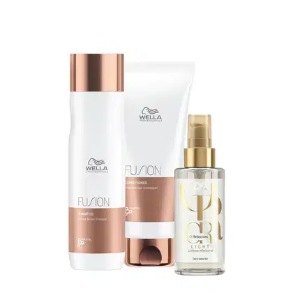 Kit com shampoo e condicionador Fusion, além de óleo capilar Oil Reflections, da marca Wella Professionals.