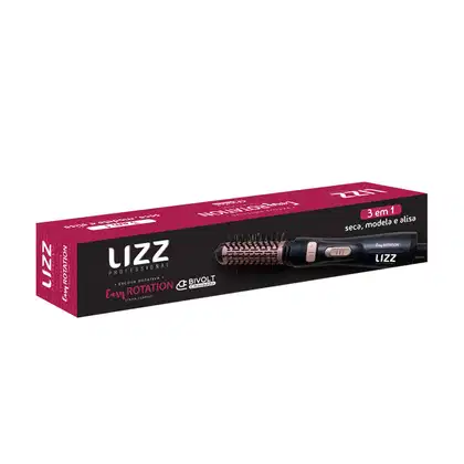 Escova secadora Lizz Professional. O dispositivo em si possui um design compacto e preto, com detalhes em tom de rosa, indicando tratar-se de um modelador de cabelos com função de rotação.