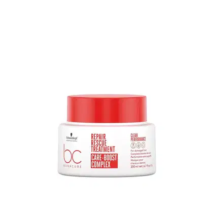 Pote branco com tampa vermelha da linha Bonacure da Schwarzkopf Professional, contendo tratamento de reparação para cabelos danificados, com texto "Repair Rescue Treatment" e "Care-Boost Complex" no rótulo.