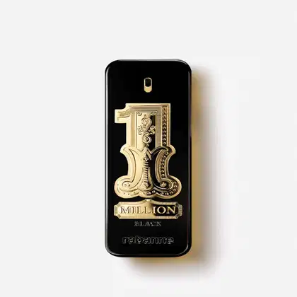 Frasco de perfume preto e dourado da linha Million Black da Rabanne, com design ornamentado e a inscrição "1 MILLION" em destaque.