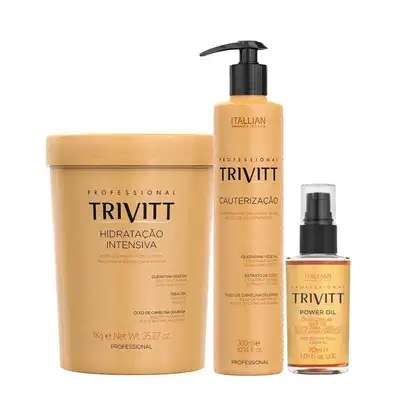 Produtos de tratamento capilar da marca Itallian Hairtech, incluindo um creme hidratante intensivo em embalagem de 1 kg, um tratamento de cauterização em frasco de 300 ml e um óleo capilar em frasco de 30 ml, com embalagens em tons de amarelo e preto.