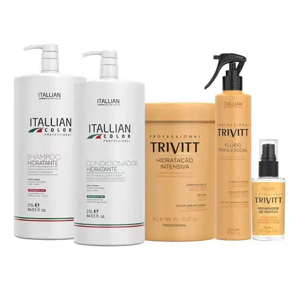 Conjunto de produtos Itallian Hairtech, incluindo shampoo, condicionador, spray e óleo para cabelos. Embalagens em branco, amarelo e preto com rótulos em italiano. Produtos para hidratação, coloração e reparação de pontas dos cabelos.