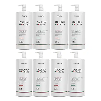 Quatro frascos de shampoo e quatro de condicionador hidratante da linha Itallian Color Professional, com embalagens brancas e rótulos em vermelho, verde e branco, apresentando informações sobre os produtos.
