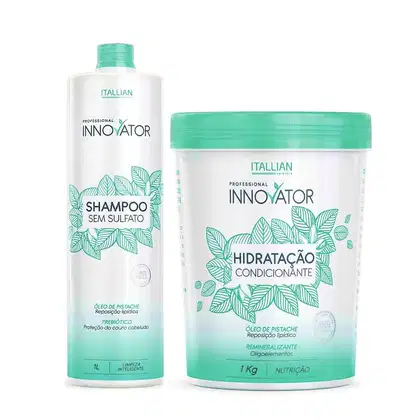 Dois produtos da linha Innovator da Itallian Hairtech: um frasco de shampoo sem sulfato de 1L e um pote de condicionador hidratante de 1kg, ambos com embalagens brancas e verdes com folhagens estilizadas.
