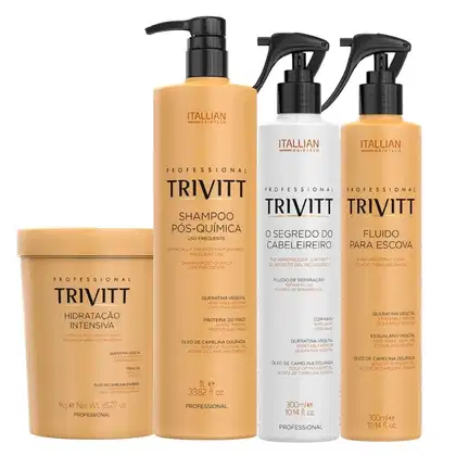 Produtos de cabelo da marca Itallian Hairtech, incluindo shampoo, fluido para escova e hidratação intensiva em embalagens plásticas e metálicas com cores predominantes amarelo e branco.