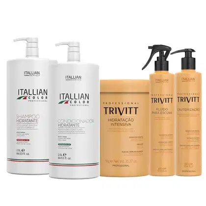 Conjunto de produtos de cabelo da marca Itallian Hairtech, incluindo shampoo, condicionador, creme de hidratação intensiva e sprays de tratamento, em embalagens brancas e pretas com detalhes em vermelho e amarelo.