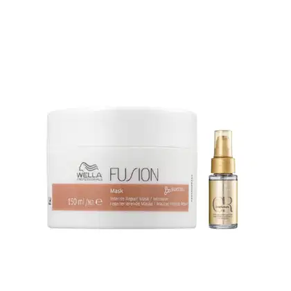 Kit com máscara Fusion e óleo capilar Oil Reflections Light, da marca Wella Professionals.