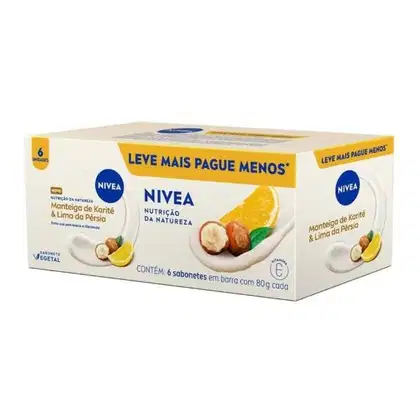 Caixa de sabonetes em barra da marca NIVEA, contendo 6 unidades de 80g cada, com fragrância de manteiga de karité e lima da pérsia. A embalagem destaca a "Nutrição da Natureza" como característica do produto.