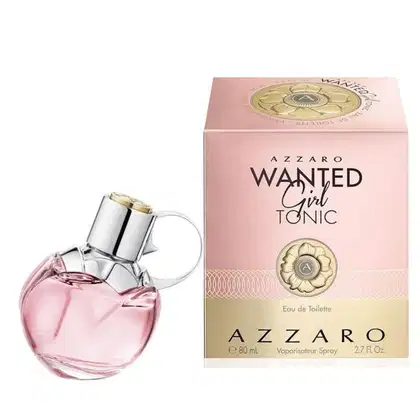 Frasco de perfume Azzaro Wanted Girl Tonic em embalagem rosa com detalhes dourados, contendo 80 ml de eau de toilette. Rótulo com nome da fragrância e logotipo da marca Azzaro.