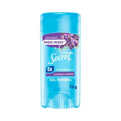 Frasco de gel invisível da marca Secret, com 73g, na cor azul, com rótulo destacando o pH balanceado com lavanda e a proteção 5x Fresh Defense.