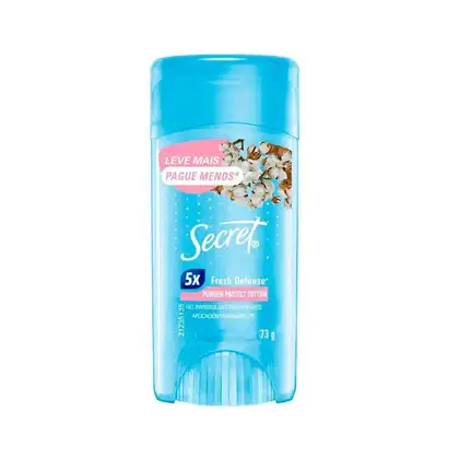 Desodorante em barra da marca Secret, com embalagem azul e rosa, destacando o texto "Leve mais, pague menos" e "Fresh Defense 5x". O produto possui fórmula em gel invisível e antitranspirante.