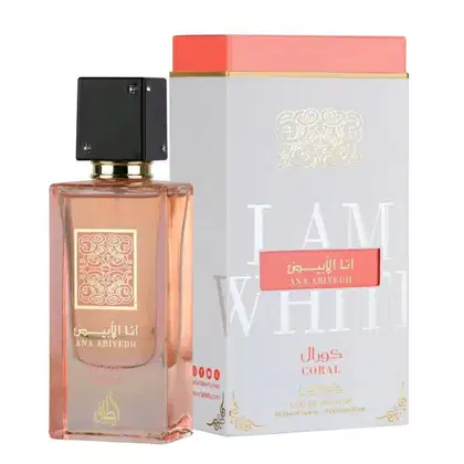 Frasco de perfume Lattafa Perfumes Ana Abiyedh, com embalagem branca e detalhes dourados, contendo 60 ml de perfume de aroma floral com notas de coral.