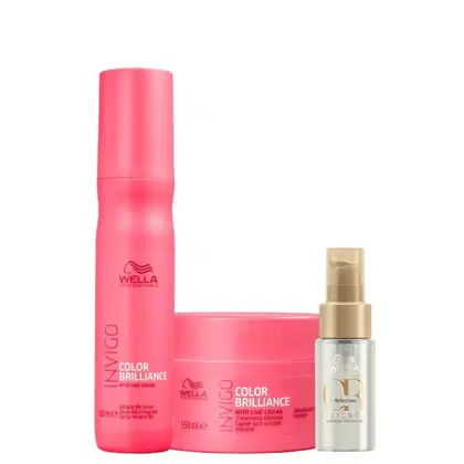 Produtos Wella Professionals: shampoo Invigo Color Brilliance, leave-in Invigo Color Brilliance e óleo Reflections Light, com rótulos e embalagens característicos da marca.