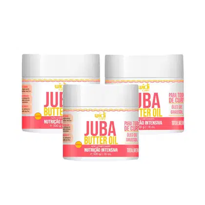 Três frascos brancos de máscara capilar da marca Widi Care, com rótulos em vermelho e amarelo indicando "Juba Butter Oil" e "Nutrição Intensiva". Cada frasco possui 500g de produto.