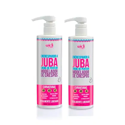 Dois frascos brancos com bombas doseadoras da marca Widi Care, contendo creme modelador de cachos. Os rótulos apresentam o nome "Encrespando a Juba" em letras grandes e informações sobre o produto.