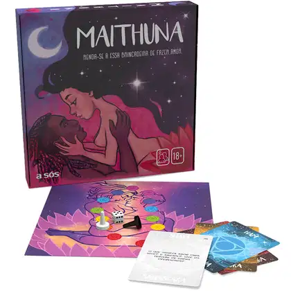 O produto apresentado é um jogo erótico chamado "Maithuna", indicado para adultos acima de 18 anos. A embalagem é uma caixa com ilustrações em tons escuros de roxo e rosa, retratando uma cena íntima entre duas pessoas.