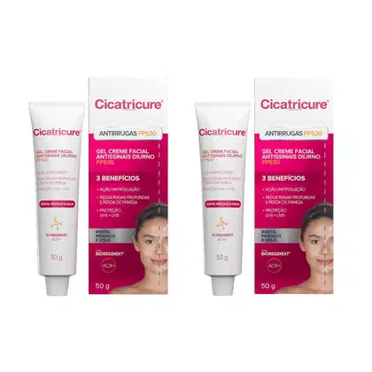 Dois tubos de gel creme facial antissínais diurno Cicatricure FPS30, com ação antipoluição, redução de rugas profundas e proteção UV. Embalagem em caixa rosa com detalhes em branco e texto informativo sobre os benefícios do produto.