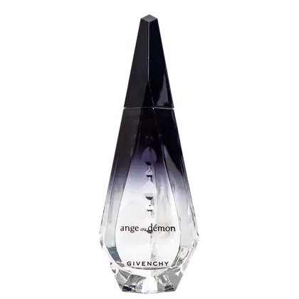 Perfume em frasco de vidro transparente com formato piramidal alongado. A parte superior é escura, em tom roxo profundo. O frasco tem um rótulo branco na base com o texto "ange ou démon" e o logotipo "GIVENCHY" abaixo.