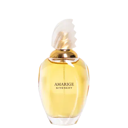 Frasco de perfume Amarige da Givenchy, com tampa dourada em formato de flor e corpo de vidro transparente contendo líquido amarelado. O rótulo exibe o nome da fragrância em letras pretas.
