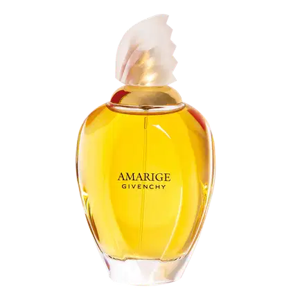 Frasco de perfume Amarige da Givenchy, com formato arredondado e tampa em formato de flor. A embalagem é predominantemente amarela, com o nome da fragrância em destaque.
