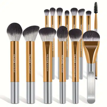 Imagem do produto Kit 14 Pincéis Maquiagem MAANGE Base Sombra Corretivo Blush Premium - Dourado Prateado