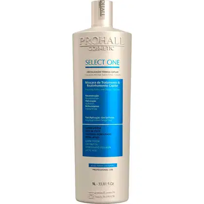 Trata-se de uma máscara de tratamento e realinhamento capilar, acondicionada em um frasco branco com detalhes em azul.