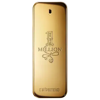 Frasco de perfume dourado da marca Rabanne, com o nome "1 Million" gravado em relevo. O design é elegante e minimalista, com o logotipo da marca destacado.