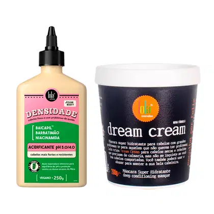 A imagem mostra 2 produtos de Lola From Rio, um acidificante de frasco retangular com tampa em formato de bico dosador e um pote redondo de máscara capilar.