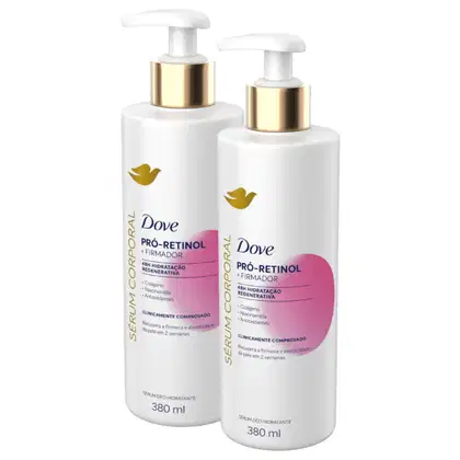 Dois frascos brancos de 380 ml da linha Dove Pró-Retinol + Firmador, com bombas doseadoras douradas. Os rótulos apresentam o nome da marca Dove e informações sobre os benefícios do produto, como hidratação regenerativa e recuperação da firmeza da pele.