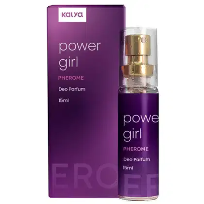 Frasco de deo parfum Kalya Power Girl Pherome, com 15ml, em embalagem roxa com texto em branco destacando o nome do produto.