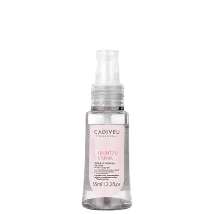 Frasco transparente de 65ml com rótulo rosa da linha Quartzo Shine da Cadiveu Professional, contendo um produto líquido para aplicação em cabelos.