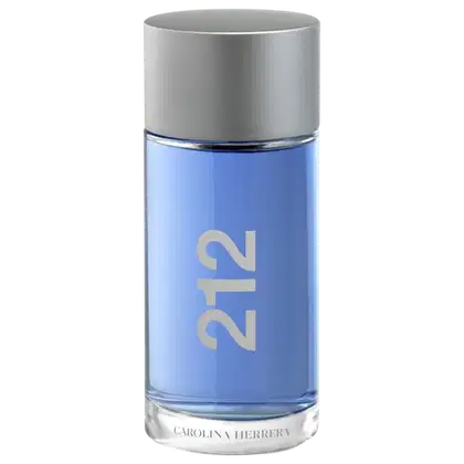 Frasco de perfume Carolina Herrera 212, com embalagem de cor azul clara e detalhes em prata, exibindo o número "212" em destaque.