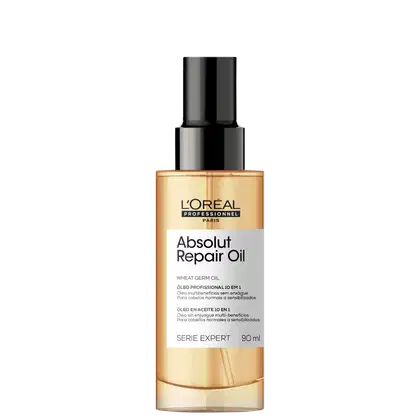 Frasco de óleo reparador Absolut Repair da L'Oréal Professionnel, com 90 ml de produto. Embalagem preta e dourada, com destaque para o nome do produto e informações sobre os benefícios do óleo de gérmen de trigo.
