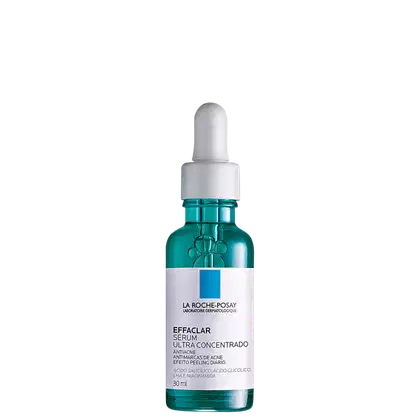 Frasco de vidro verde com conta-gotas branco contendo o sérum Effaclar Ultra Concentrado da marca La Roche-Posay, um produto antiacne com ácido salicílico e ácido glicólico.