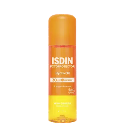 Frasco de óleo hidratante fotoprotetor ISDIN com FPS 30, em embalagem laranja e amarela, com rótulo destacando "Hydro Oil" e "Protege & Bronzeia".