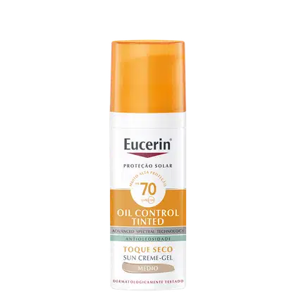 Frasco de protetor solar Eucerin Oil Control Tinted com FPS 70, embalagem laranja e branca, com rótulo indicando tecnologia espectral avançada e propriedades antioleosilidade.